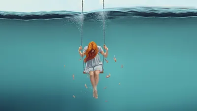 Misty Woman Wallpaper Abstract Wallpaper 4K 6400x3600 A, Woman, Swings, Below, The, Water's, Surface, Surrounded, Water, 039, Floating, Leaves, Gray, Ultrawide, 4k
