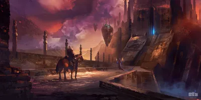Sleek Majestic Wallpaper Fantasy Wallpaper 4K 3000x1500 A, Majestic, Floating, Island, Looms, Above, Warrior, Horseback, Wizard, His, Side, Enchanting, Gray, Ultrawide, QHD