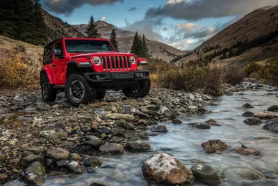 Golden Red Wallpaper Nature Wallpaper 4K 3000x2000 Red, Jeep, Wrangler, Suv, Parked, On, Rocky, Terrain, Beside, Flowing, Stream, Surrounded, Gray, Landscape, QHD
