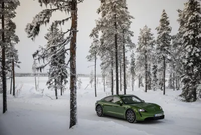 Misty Green Wallpaper Nature Wallpaper 4K 4096x2757 A, Green, Porsche, Taycan, 4s, Parked, On, Snowy, Road, Surrounded, Tall, Snow-covered, White, Landscape, 4k