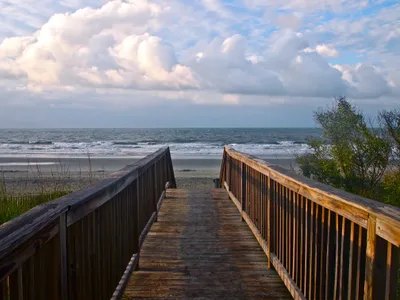 Vibrant Wooden Wallpaper Nature Wallpaper 4K 4032x3024 A, Wooden, Boardwalk, Leads, To, Sandy, Beach, Under, Partly, Cloudy, Sky, Captured, Gray, White, Landscape, 4k