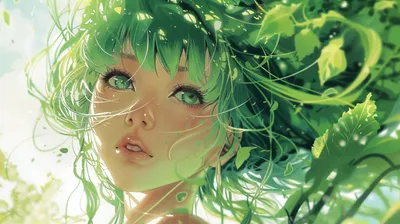Anime Close Green Haired Girl Abstract Wallpaper 4K 5824x3264 Hd, Anime, Wallpaper, Featuring, A, Close-up, Of, Green-haired, Girl, Vivid, Green, Eyes, Gray, Ultrawide, 4k