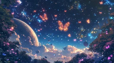 Glowing Fantasy Vibrant Butterflies Fluttering Space Wallpaper 4K 2912x1632 A, Glowing, Fantasy, Scene, With, Vibrant, Butterflies, Fluttering, Across, Starry, Sky, Large, Brown, Gray, Ultrawide, QHD