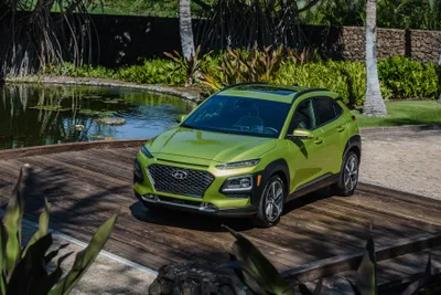Green Hyundai Kona Suv Near Abstract Wallpaper 4K 3600x2400 Green, Hyundai, Kona, Suv, Parked, Near, A, Pond, Tropical, Plants, Shown, Desktop, Brown, Gray, Landscape, QHD