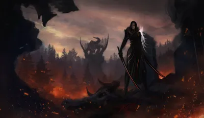 Bright Fierce Wallpaper Nature Wallpaper 4K 5789x3348 A, Fierce, Woman, Warrior, Stands, Poised, On, Defeated, Creature, Amidst, Fiery, Landscape, Gray, Brown, Ultrawide, 4k
