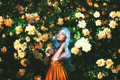 Flower Orange Dress Blue Hair Nature Wallpaper 4K 2048x1365 Flower, Orange, Dress, Blue, Hair, Model, Woman, Mood, Desktop, White, Ultrawide, Full HD