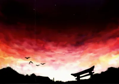 Anime Landscape Vibrant Nature Wallpaper 4K 1568x1104 Anime, Landscape, Featuring, A, Vibrant, Red, And, Orange, Sunset, Sky, Silhouetted, Structures, White