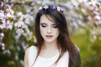 Brunette Model Floral Wreath Abstract Wallpaper 4K 2000x1333 A, Brunette, Model, With, Floral, Wreath, And, Makeup, Stands, Calmly, Against, Blurred, White, Ultrawide, Full HD