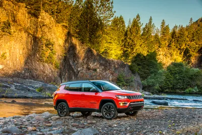 Calm Red Wallpaper Nature Wallpaper 4K 3000x2000 A, Red, Jeep, Compass, Suv, Parked, On, Rocky, Riverbank, Surrounded, Trees, Cliffs, Gray, Brown, Landscape, QHD