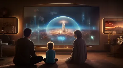 Family Sits Floor Abstract Wallpaper 4K 2912x1632 A, Family, Sits, On, The, Floor, Captivated, By, Futuristic, Scene, Displayed, Large, Gray, Brown, Ultrawide, QHD