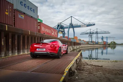 Red Alfa Romeo Dockside Cars Wallpaper 4K 4096x2730 Red, Alfa, Romeo, 4c, Parked, On, A, Dockside, Ramp, Shipping, Containers, Cranes, White, Ultrawide, 4k
