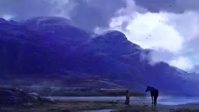 Mystical Fantasy Landscape Nature Wallpaper 4K 1920x1080 A, Mystical, Fantasy, Landscape, Featuring, Lone, Figure, Horse, Misty, Mountainous, Terrain, Under, Brown, Gray, Ultrawide, Full HD