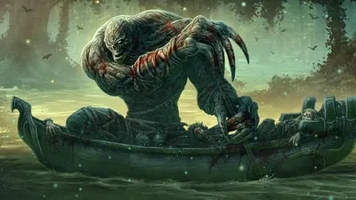 Dark Menacing Wallpaper Fantasy Wallpaper 4K 1920x1080 A, Menacing, Fantasy, Creature, With, Monstrous, Features, Emerges, Foggy, Swamp, Gripping, Boat, Gray, Ultrawide, Full HD