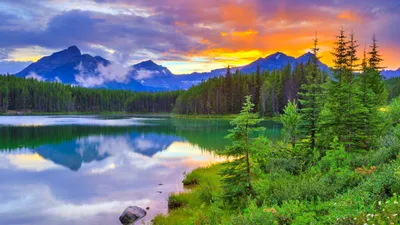 Bright Sunset Wallpaper Nature Wallpaper 4K 2560x1440 Sunset, Over, A, Tranquil, Lake, In, Banff, National, Park, Canada, Vibrant, Reflections, Gray, Ultrawide, QHD