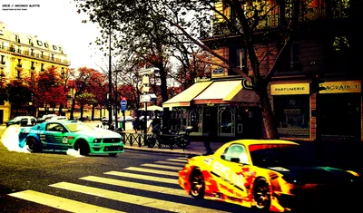 Radiant Dynamic Wallpaper Cars Wallpaper 4K 1700x1000 A, Dynamic, Scene, Of, Race, Cars, Including, Ford, Mustang, Performing, Burnouts, Paris, White, Ultrawide