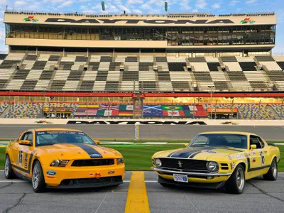 Two Mustang Boss Cars Cars Wallpaper 4K 2048x1536 Two, Ford, Mustang, Boss, 302, Cars, One, Orange, Yellow, Positioned, Side, Racetrack, Gray, Landscape, Full HD