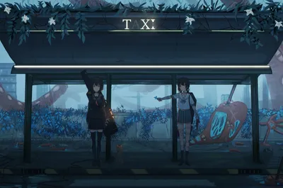 Moody Anime Wallpaper Abstract Wallpaper 4K 3508x2322 Anime, Scene, Of, Two, Girls, In, School, Uniforms, Bus, Stop, One, Bandage, Gray, Pink, Ultrawide, QHD