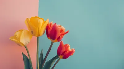 Vibrant Yellow Red Minimal Wallpaper 4K 2912x1632 Hd, Wallpaper:, Of, Vibrant, Yellow, And, Red, Tulips, Against, Dual-tone, Coral, Turquoise, Gray, Ultrawide, QHD