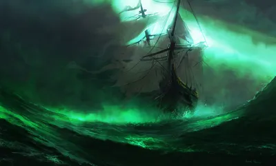 Bold Fantasy Wallpaper Nature Wallpaper 4K 1920x1159 A, Fantasy, Ship, Sails, Through, Glowing, Green, Ocean, Under, Dramatic, Stormy, Sky, White, Ultrawide, Full HD