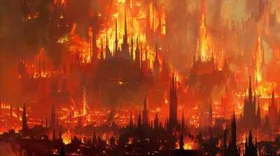Fantasy Kingdom Engulfed World Wallpaper 4K 5824x3264 Fantasy, Kingdom, Engulfed, In, Flames, Showcasing, A, Burning, Cityscape, Towers, Spires, Desktop, Brown, Ultrawide, 4K