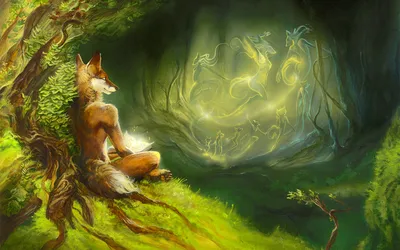 Dark Serene Wallpaper Nature Wallpaper 4K 1920x1200 A, Serene, Anthropomorphic, Fox, Sits, Under, Tree, Lush, Green, Forest, Gazing, Ethereal, Gray, Ultrawide, Full HD