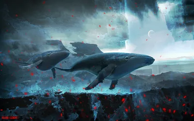 Misty Fantasy Wallpaper Nature Wallpaper 4K 1920x1200 A, Stunning, Fantasy-themed, Hd, Wallpaper, Featuring, Two, Majestic, Whales, Swimming, Through, Surreal, Gray, Ultrawide, Full HD