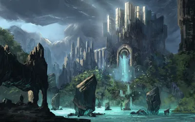 Breathtaking Fantasy Majestic Castle Surrounded Nature Wallpaper 4K 2560x1600 A, Breathtaking, Fantasy, Scene, Featuring, Majestic, Castle, Surrounded, Rocky, Formations, Tranquil, Waterfall, Gray, Ultrawide, QHD