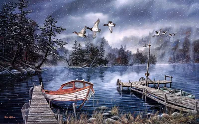Vibrant Serene Wallpaper Nature Wallpaper 4K 2560x1600 A, Serene, Artistic, Landscape, Featuring, Tranquil, Lake, Rustic, Boat, Wooden, Dock, All, Gray, Ultrawide, QHD