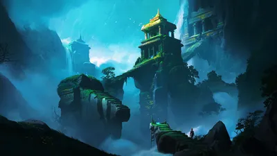 Fantasy Ancient Ruins Fantasy Wallpaper 4K 1920x1080 Hd, Fantasy, Pc, Desktop, Wallpaper, Featuring, Ancient, Ruins, Perched, Towering, Cliffs, Surrounded, Pink, Yellow, Ultrawide, Full HD