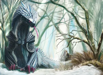 Epic Majestic Wallpaper Fantasy Wallpaper 4K 3496x2552 A, Majestic, Fantasy, Creature, With, Scales, And, Armor, Sits, Misty, Forest, Contrasting, White, Landscape, QHD