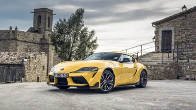 Yellow Supra Scenic Setting World Wallpaper 4K 3840x2160 A, Striking, Yellow, Toyota, Supra, Parked, In, Scenic, Setting, Showcasing, Sleek, Design, White, Gray, Ultrawide, 4k