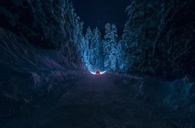 Dark Winter Wallpaper Nature Wallpaper 4K 2048x1345 Hd, Winter, Photography, Of, A, Snowy, Forest, Road, Night, Illuminated, Red, Taillights, Brown, Ultrawide, Full HD