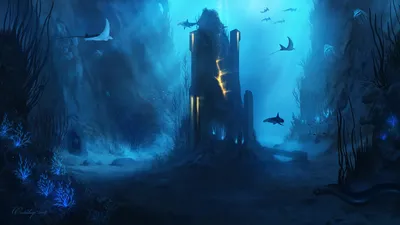 Dark Fantasy Wallpaper Fantasy Wallpaper 4K 1920x1080 Hd, Desktop, Wallpaper, Showing, A, Fantasy, Underwater, Scene, Glowing, Ancient, Structure, Surrounded, Yellow, Brown, Green, Ultrawide, Full HD