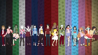 Minimalist Anime Characters Monogatari Series Minimal Wallpaper 4K 3840x2160 Minimalist, 4k, Ultra, Hd, Anime, Wallpaper:, Featuring, Characters, Monogatari, Series, Each, Standing, Gray, Ultrawide