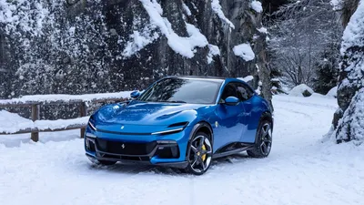 Blue Purosangue Snowy Nature Wallpaper 4K 7680x4320 A, Stunning, Blue, Ferrari, Purosangue, Parked, In, Snowy, Landscape, Showcasing, Sleek, Design, White, Ultrawide, 4k