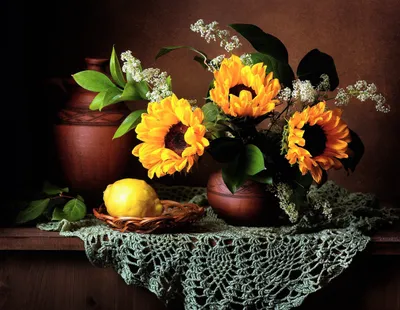 Yellow Flower Lemon Pitcher Nature Wallpaper 4K 2500x1942 Yellow, Flower, Lemon, Pitcher, Vase, Scarf, Sunflower, Photography, Still, Life, Desktop, Purple, Orange, Square, Full HD