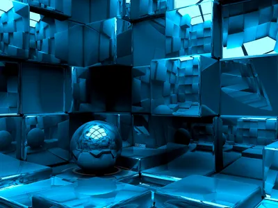 Abstract Blue Themed Geometric Abstract Wallpaper 4K 1920x1440 Abstract, Hd, Desktop, Wallpaper, Featuring, A, Blue-themed, Geometric, Cubes, Reflective, Blue, Sphere, Yellow, Red, Landscape, Full HD