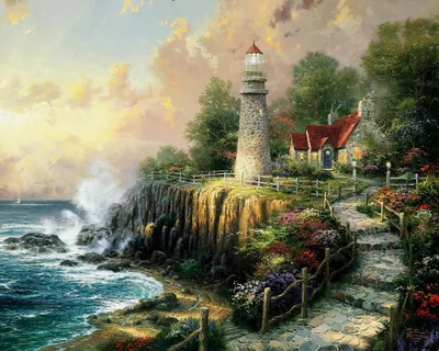 Artistic Landscape Lighthouse Cottage Nature Wallpaper 4K 1920x1536 Artistic, Landscape, Of, A, Lighthouse, And, Cottage, On, Rocky, Coastline, Waves, Crashing, Gray, Square, Full HD