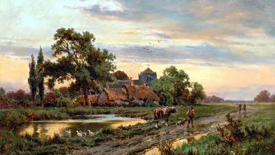 Artistic Painting Pastoral Landscape Nature Wallpaper 4K 1920x1080 Artistic, Painting, Of, A, Pastoral, Landscape, With, Cottages, Trees, Pond, Figures, Horses, Gray, Ultrawide, Full HD