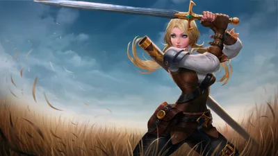 Blonde Woman Warrior Blue Fantasy Wallpaper 4K 5920x3330 Hd, Wallpaper, Featuring, A, Blonde, Woman, Warrior, With, Blue, Eyes, Wielding, Sword, Gray, Ultrawide, 4k