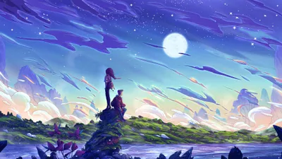 Fantasy Couple Gazing Moon Dreamy Space Wallpaper 4K 3840x2160 A, Fantasy, Hd, Wallpaper, Featuring, Couple, Gazing, Moon, Dreamy, Landscape, Vibrant, Colors, Pink, Red, Gray, Ultrawide, 4k