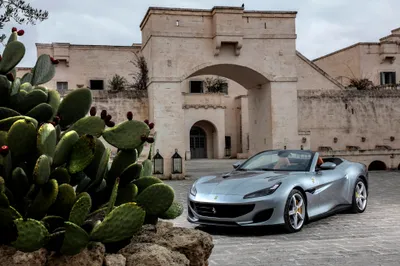 Silver Portofino Convertible Front Historic Cars Wallpaper 4K 4096x2731 A, Silver, Ferrari, Portofino, Convertible, Parked, In, Front, Historic, Stone, Building, Cactus, Gray, White, Landscape, 4k