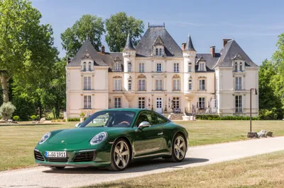 Green Carrera Front Cars Wallpaper 4K 4096x2731 A, Green, Porsche, 911, Carrera, Parked, In, Front, Elegant, Historic, Mansion, Captured, Gray, Landscape, 4k