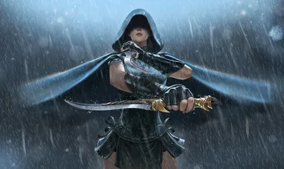 Crisp Hooded Wallpaper Fantasy Wallpaper 4K 1920x1145 A, Hooded, Woman, Warrior, Grips, Dagger, Fiercely, Pouring, Rain, Captured, Dramatic, Fantasy, White, Pink, Ultrawide, Full HD