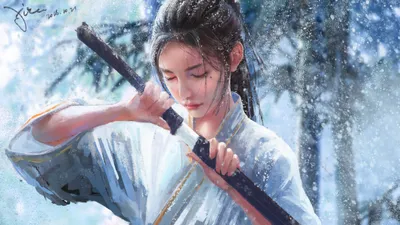 Fierce Woman Warrior Nature Wallpaper 4K 2872x1615 A, Fierce, Woman, Warrior, Dressed, As, Samurai, Prepares, Her, Sword, Amid, Serene, White, Ultrawide, QHD