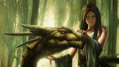 Bold Woman Wallpaper Fantasy Wallpaper 4K 1920x1080 A, Woman, Stands, Confidently, In, Sunlit, Forest, Gently, Touching, Head, Dragon, Captivating, Gray, White, Ultrawide, Full HD