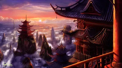 Fantasy Landscape Majestic Nature Wallpaper 4K 1920x1080 A, Stunning, Fantasy, Landscape, Features, Majestic, Pagodas, Nestled, Among, Towering, Mountains, Bathed, Gray, Purple, Ultrawide, Full HD
