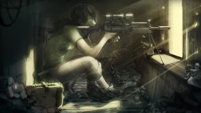 Sci Woman Warrior Crouched Ruined Abstract Wallpaper 4K 1920x1080 Sci‑fi, Woman, Warrior, Crouched, By, A, Ruined, Window, Aiming, Sniper, Rifle, Headset, Gray, Brown, Ultrawide, Full HD