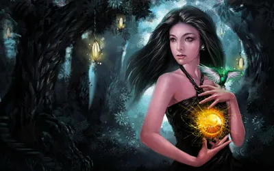 Mystical Woman Stands Dark Enchanted Animals Wallpaper 4K 1920x1200 A, Mystical, Woman, Stands, In, Dark, Enchanted, Forest, Holding, Glowing, Orb, She, Gray, Ultrawide, Full HD