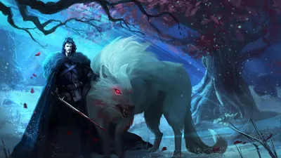 Jon Snow Stands His Fantasy Wallpaper 4K 1920x1080 Jon, Snow, Stands, With, His, Direwolf, Against, A, Mystical, Twilight, Backdrop, Capturing, White, Red, Ultrawide, Full HD